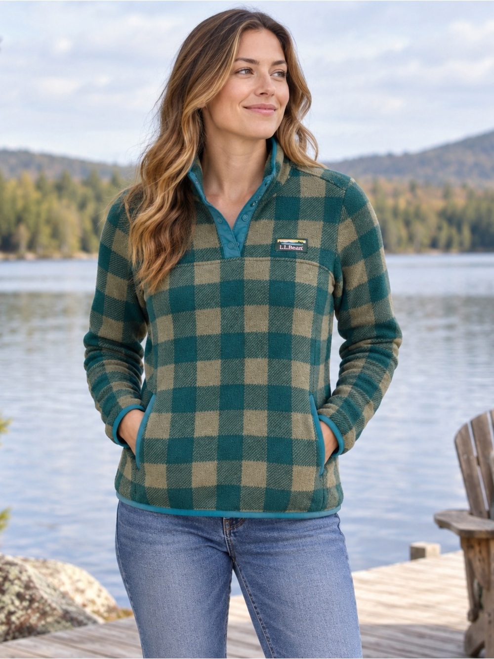 L.L.Bean Women’s S Fleece Pullover Green Tan Buffalo Plaid Snap Neck Pocket